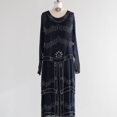 Elegant 1920's Midnight Blue Silk Art Nouveau Beaded Evening Dress / Small