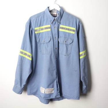 vintage WORK WEAR reflective button down 1990s Highway faded striped shirt -- distressed -- size large 