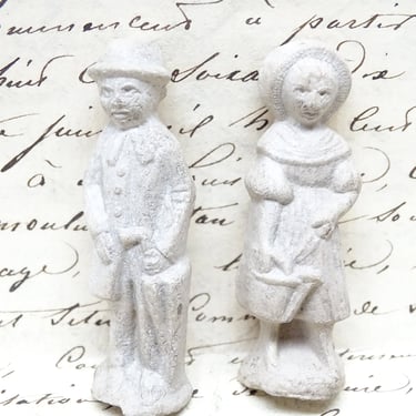 Antique Miniature  Un-Painted Composite Man & Woman Vintage Toys  for Putz or Nativity,  Doll House 