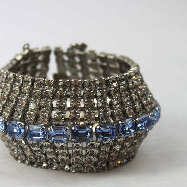 Rhinestone Bracelet Cuff Nine Row Emerald and Round Cut Rhodium Plate 