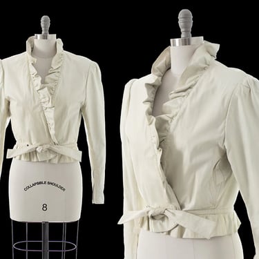 Vintage 1980s Leather Jacket | 80s White Leather Ruffled Cropped Tie Waist Jacket (small/medium) 