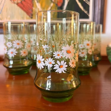 Vintage Set of 8 Libbey Daisy Wheat Green Glass Tall Tumblers 