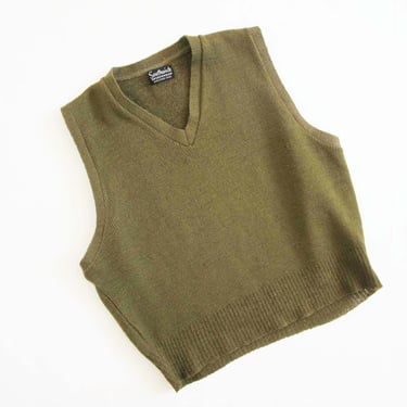 Vintage 60s Sweater Vest M L  - Olive Green Wool Knit Vest - Solid Color Vest - 1960s Preppy Golf Minimalist Sweater Vest 
