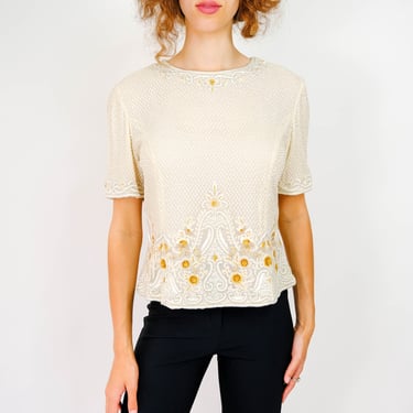Vintage 80s Escada Ivory Silk Sequined Cropped Blouse w/ Gold Floral Embroidery | Made in India | 100% Silk | 1980s Designer Bohemian Top 