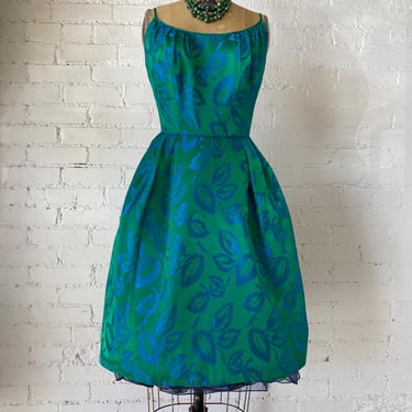 Vintage 1950s brocade fit and flare dress, teal and green floral, 50s cocktail formal dress, mrs maisel, rockabilly, 28 29 medium 