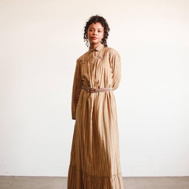 Antique Tan Calico Cotton Farm Dress 