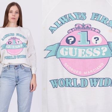 80s Guess Worldwide Sweatshirt - Men's Small, Women's Medium | Vintage Georges Marciano Distressed Graphic Pullover 