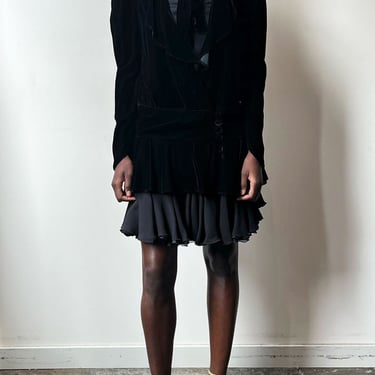 Norma Kamali black rayon velvet drop-waist jacket 