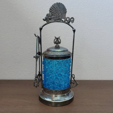 Antique American Victorian Columbia Quadruple Silver-Plated Blue Art Glass Pickle Castor Serveware 