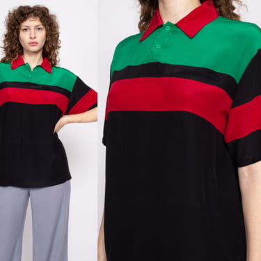 80s Black Silk Striped Polo Shirt - Men's Medium | Vintage Color Block Short Sleeve Button Up Collared Top 