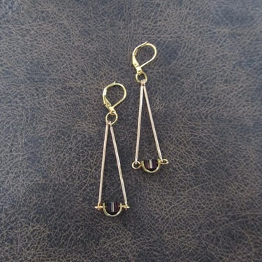 Gold pendulum earrings, purple hematite 