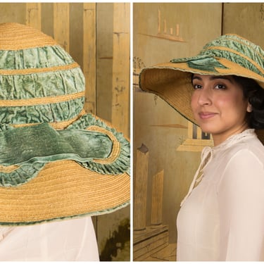 1910s Hat - Rare Late 1910s Decadent Straw Summer Hat with Ruched Green Silk Velveteen 