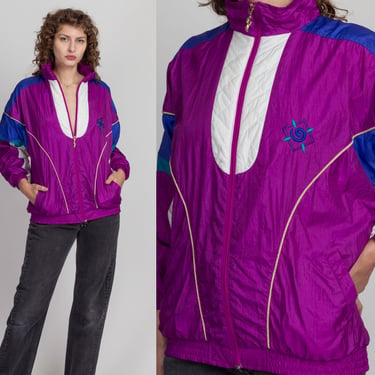 80s Purple Color Block Windbreaker Jacket - Large | Vintage Women's Colorful Zip Up Track Jacket 