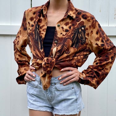 Button up 1970's Equestrian Themed Blouse fits XS - L 