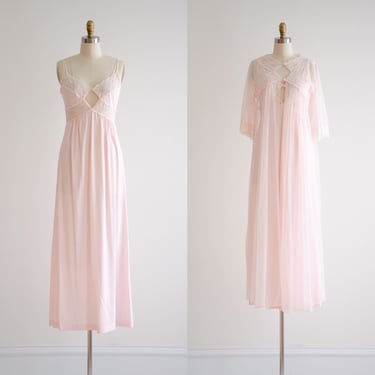 pink lace nightgown 70s vintage pastel pink chiffon long nightgown and robe peignoir 