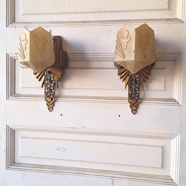 Pair of Art Deco Slip Shade Antique Sconces, Art Deco Wall Lights, Vintage Slipper Shade Sconces,  Art Deco Sconce 