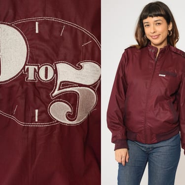 80s Windbreaker Jacket 9 to 5 Clock Zip Up Jacket Burgundy Cafe Racer Windbreaker Graphic Bomber Sports Epaulette Vintage 1980s Retro Small 