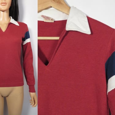 Vintage 70s Burgundy Collared Tshirt With Color Block Sleeves Size Kids 16 Or Womens XS 