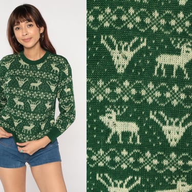 Elk Print Sweater 70s Dark Green Wool Knit Sweater Retro Pullover Striped Deer Moose Animal Novelty Crewneck Vintage 1970s Extra Small xs 