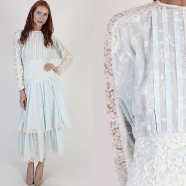 Jessica McClintock Garden Lace Sleeve Midi Dress, Victorian Blue Gunne Sax Frock, Vintage 80s Edwardian Inspired Prom Outfit 