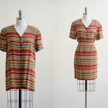 90s silk skirt set | olive red striped vintage mini skirt and blouse tunic set 