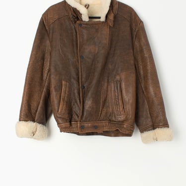 Vintage brown leather aviator jacket with faux fur lining - Small / Medium 