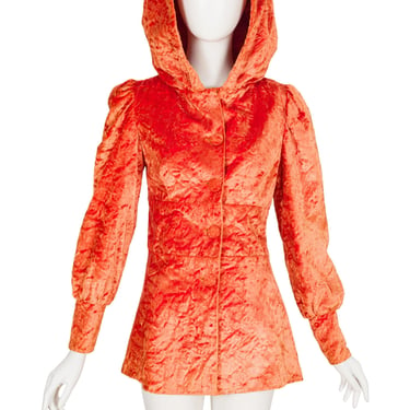 Aristos London 1960s Vintage Orange Crushed Velvet Hooded Jacket Sz S 