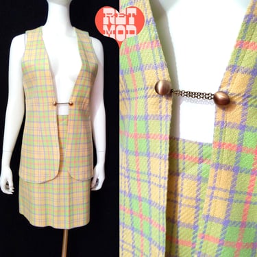 Mod Vintage 60s 70s Pastel Yellow Pink Green Plaid Vest & Skirt Set 