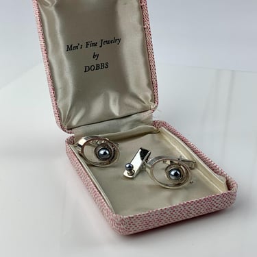 1960'S Cuff Link & Tie Bar Set - by DOBBS - Shinny Silver Finish - Black Faux Pearls - Vintage Dead Stock 