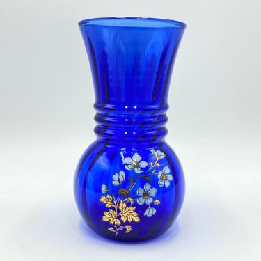 Vintage Hand Painted Blue Glass Vase, White and Gold Flowers and Leaves, Royal Cobalt Blue, Vintage Glassware 