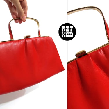 Chic Vintage 60s 70s Red Clutch / Handbag with Tuckable Metal Handle 