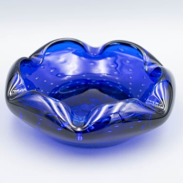 Cobalt Murano Glass Controlled Bubbles Ashtray or Geode Bowl | Vintage Mid Century Modern Glassware 