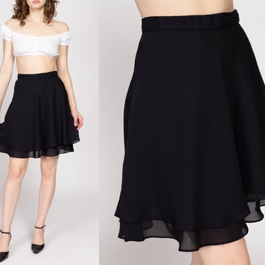 Small 90s Black Flowy Tiered Mini Skirt | Vintage High Waisted Chiffon Double Layer Miniskirt 