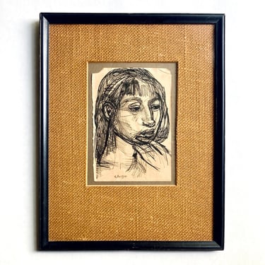 Josef Presser Original Drawing Portrait of Woman 1950s Vintage Listed Artist WPA 