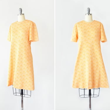 60s Psychedelic Print Dress Med / Sherbet Orange A Line Dress / 60s Mod Dress / Knit Psychedelic Dress Medium / Short Sleeve Vintage Dress 