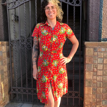 70’s Red Floral Dress