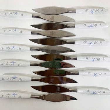 Vintage MCM Atomic Starburst Steak Knives Set of 12 Mode Danish England Dinner Knife Stainless Steel White Melamine Plastic 1960s 