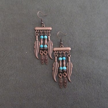 Copper chandelier earrings, boho earrings, southwestern dangle earrings, gypsy earrings, unique earrings, bohemian, rustic earrings blue 