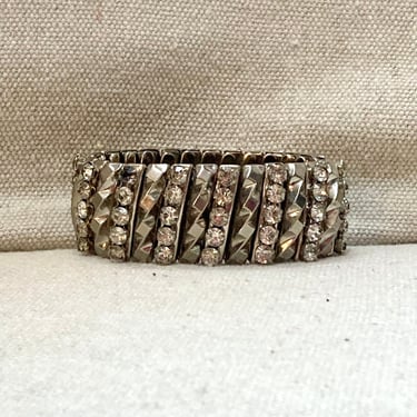 Vintage 50s RHINESTONE + Silver BRACELET / Chunky Thick Expansion Watchband Style 