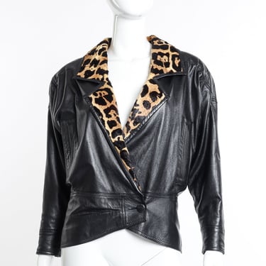 Leopard Trim Leather Jacket