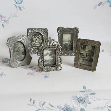 Vintage miniature pewter picture frames, set of 5, Victorian, art nouveau 