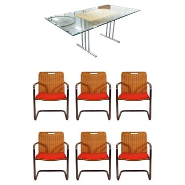 Mid Century Modern Chrome Dining Table & 6 Wicker Cantilever Chairs Chromcraft 
