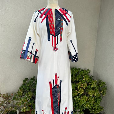 Vintage 70s boho kaftan long dress custom made white with red blue trim Small 
