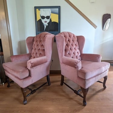 Postmodern Vintage Pink Velvet Upholstered Wingback Lounge Chairs