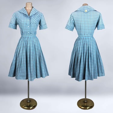 VINTAGE 50s Atomic Turquoise Plaid Skirt and Blouse Dress Set by Fritizi | 1950s 1930s 2-Piece Cotton Skirt Suit | VFG 