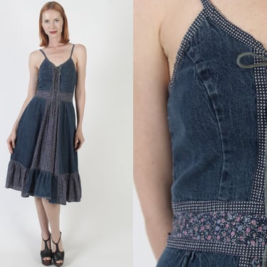 Gunne Sax Denim Dress Vintage Jessica McClintock Jean Sundress Calico Floral Cottagecore Pockets Gown Tag Size 9 