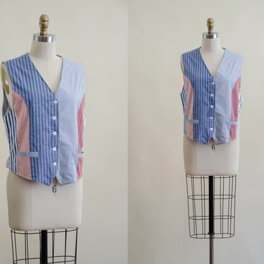 striped cotton vest | 90s vintage Liz Claiborne blue white red striped preppy cotton waistcoat 