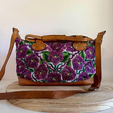 Handmade Tan Distressed Genuine Leather Embroidered Floral Crossbody Tote Bag 