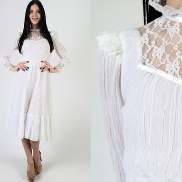 Cottagecore White Sheer Lace Dress / Floral Solid Color Country High Collar / Prairie Style Long Sleeve Gauze Midi Mini Outfit 