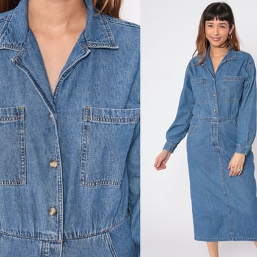 90s Denim Dress Blue Jean Button up Midi Dress Long Sleeve Shirtdress Retro Casual Collared Chest Pocket Day Dress Vintage 1990s Medium 10 
